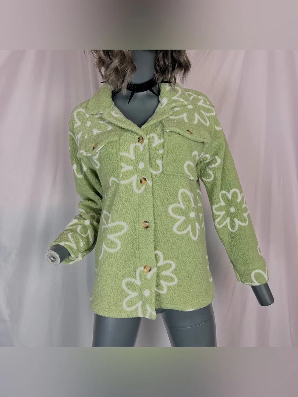 Matcha Green & White Daisy Flower Power Plush Fleece Button Up Jacket